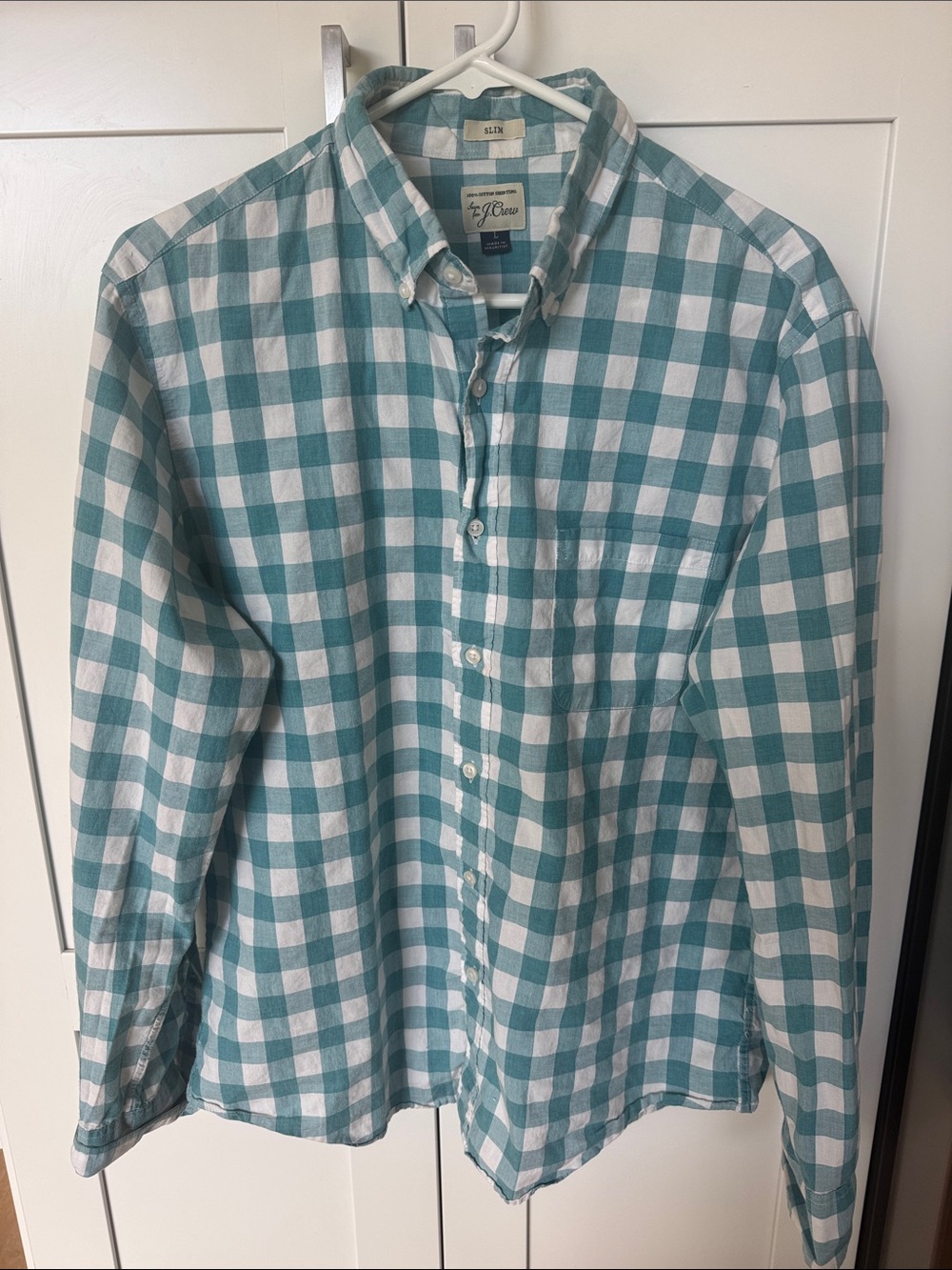 J. Crew Teal and White Gingham Button-Down Shirt